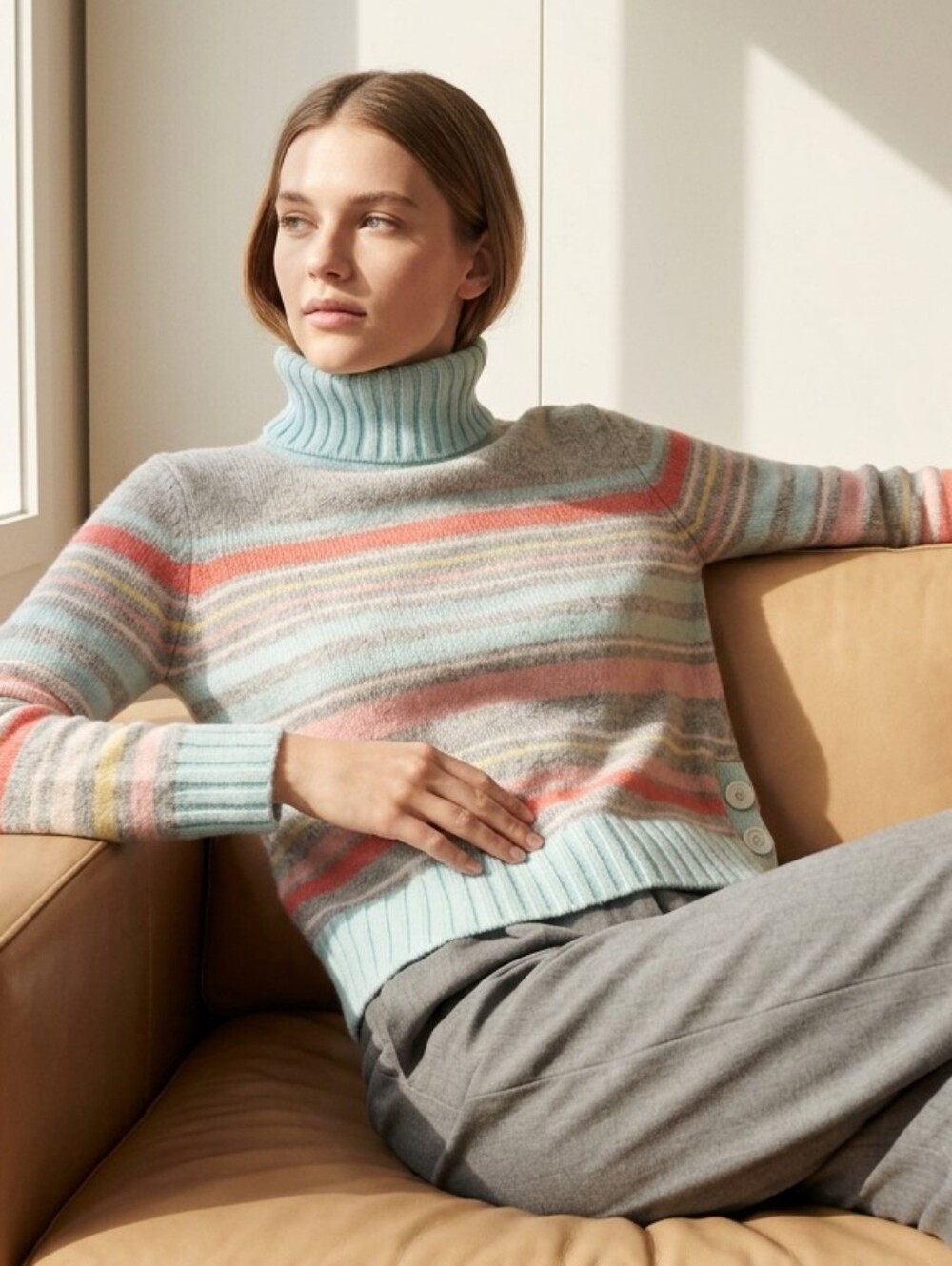 George Striped Turtleneck Sweater in Gray, Light Blue, Coral and Pink